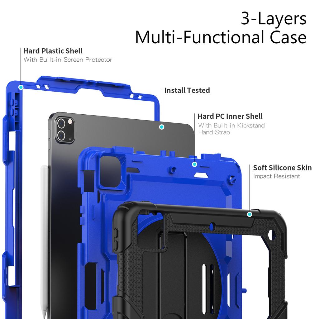 Armor Stand Case Universal for IPad Pro12.9 2018 2020 2021 2022 3rd 4th 5th 6th Gen Hybrid Cover with Screen Protector 3-Layers