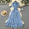 Elegant Solid O-neck Fringe Splice Chiffon Long Maxi Dresses Women Short Sleeve Layered Splice Back Lace-Up Slim Prom Party Dresss