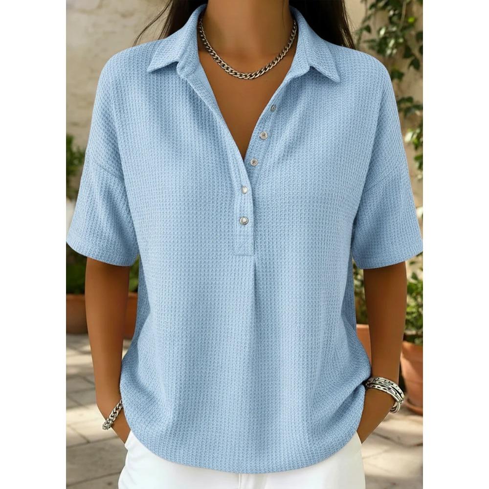 Women's Polo Neck Short Sleeve Waffle Knit Henley Shirt Casual Loose Button Down Blouse