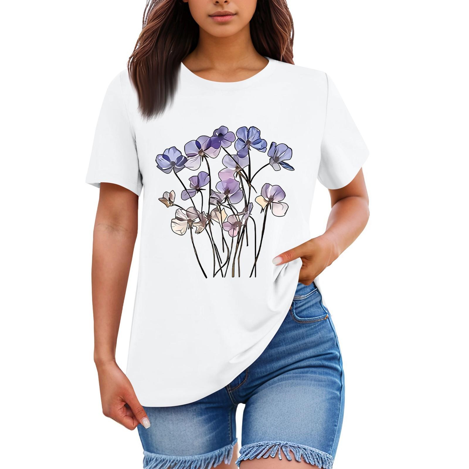 

Женская свободная удобная повседневная модная футболка с принтом растений и цветов, круглым вырезом и короткими рукавами XL белый