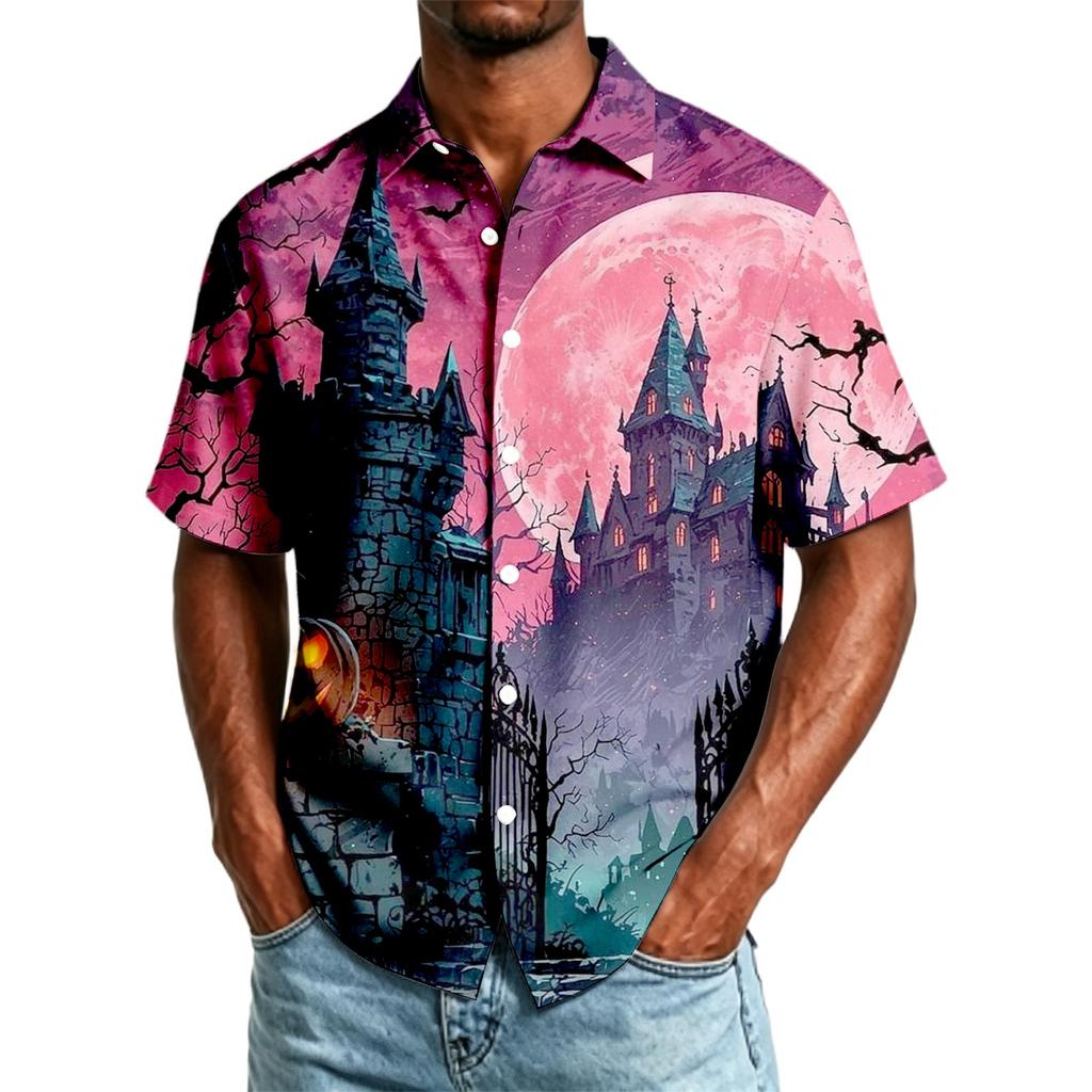 Men's Casual Short Sleeve Button Down Shirt Halloween Themed Printed Top Lightweight Breathable Fabric Relaxed Fit