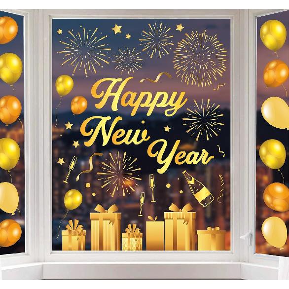 Whaline 6 Sheets New Year Window Clings New Years Eve Window Decal Champagne Firework Double-Sided Golden Yellow Window Stickers Reble for Home