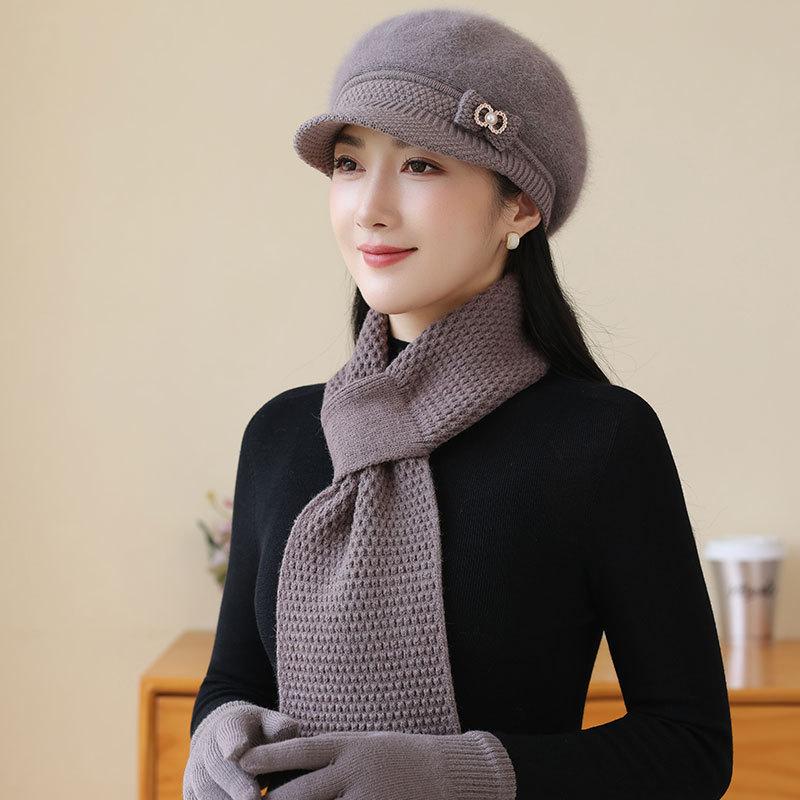 Old Lady Rabbit Fur Warm Knitted Hat Female Mother Plus Fleece Basin Hat Grandma Wind and Cold Scarf Glove Hat