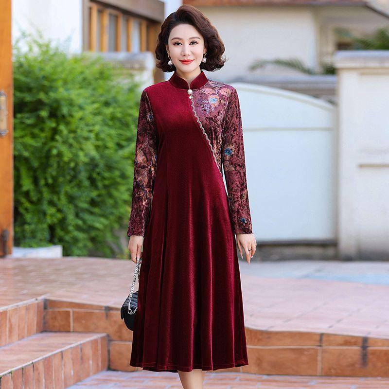 Women's Loose Plus Size Velvet Dress Color-Block Printed Velvet Long A-Line Dress