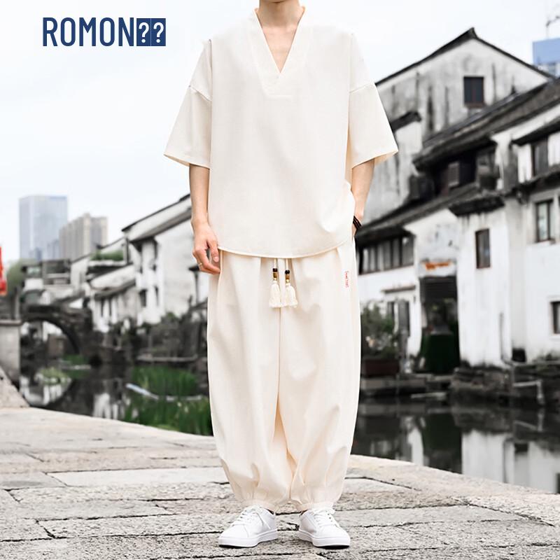 ROMON Men s New Chinese Style Hanfu Ice Silk Two-piece Set (Long Pants & T-shirt) 30