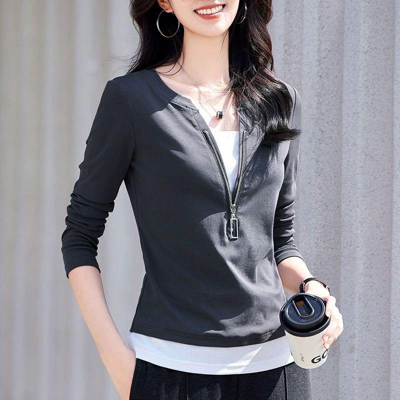 

Women s V-Neck Zipper Long Sleeve Cotton Spliced Slimming Top for Spring and Autumn 2XL (suggested weight 130-140 jin) светло-серый