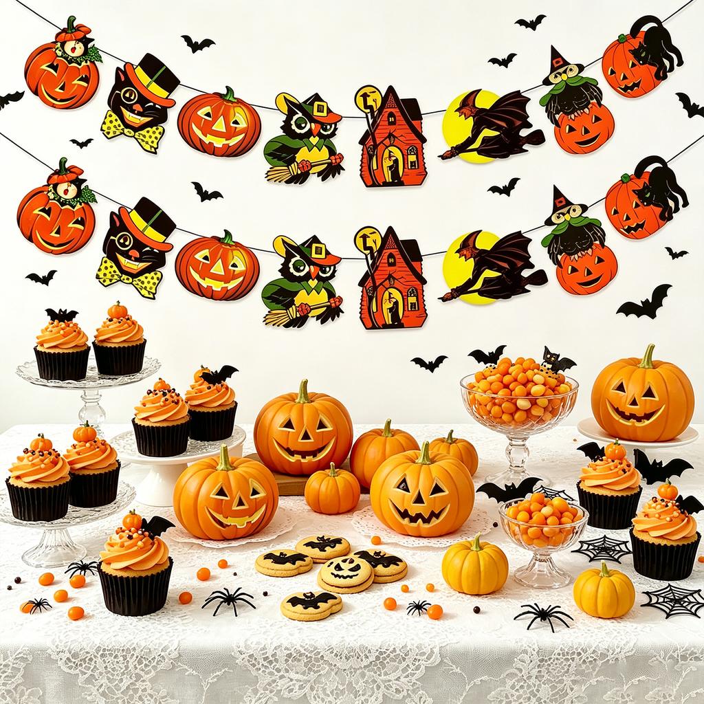 Vintage Halloween Paper Banner Retro Pumpkin Black Cat Haunted House Garland For Home Wall Mantel Fireplace Party Decorations
