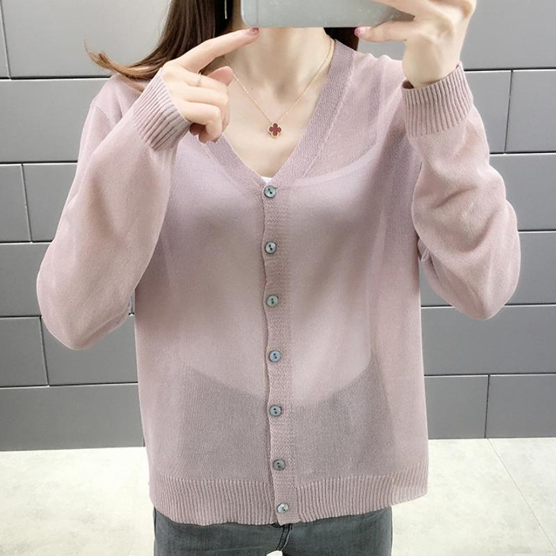 

GMXIA Трикотажный свитер Ice Silk, весна и лето, новый женский кардиган, короткий параграф, тонкий отрезок, шаль с длинными рукавами, свободная куртка One size розовый