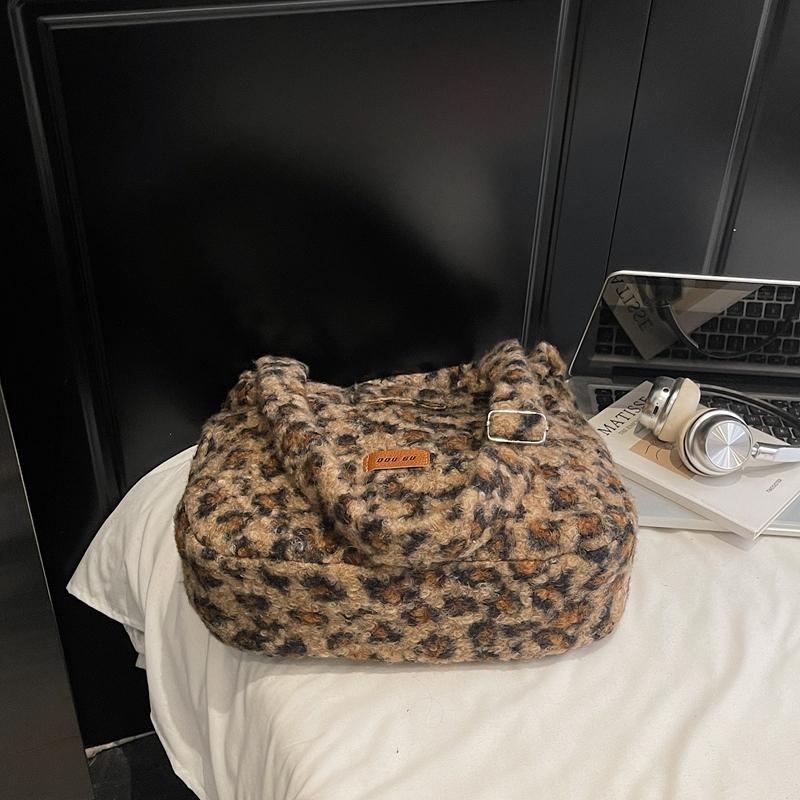 Leopard Print Fur Bag Women's Shoulder Crossbody Bag Vintage Tote Bag