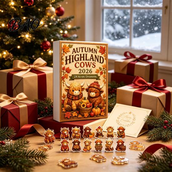 Decorative Tabletop Display 2026 Highland Cow Advent Calendar, 24 Day Christmas Countdown Calendar with 2D Acrylic Collectible Durable Hanging Pieces