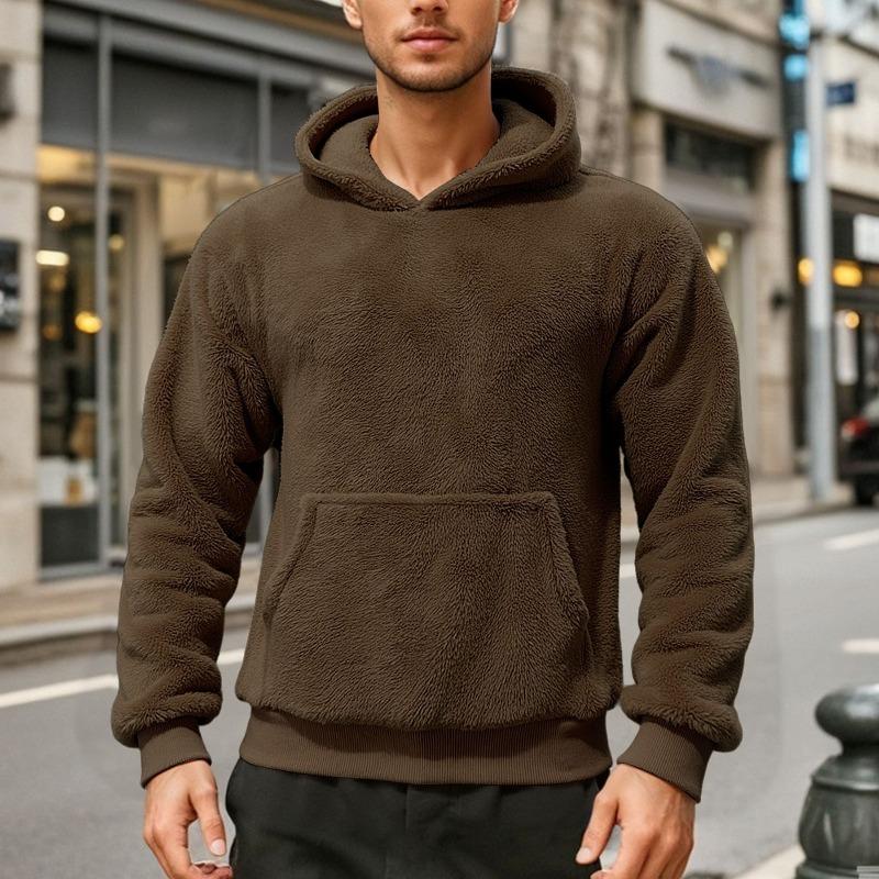 Men's Double-Sided Fleece Hoodie, Sherpa Pullover Hooded Sweatshirt, Winter Warm Outerwear
