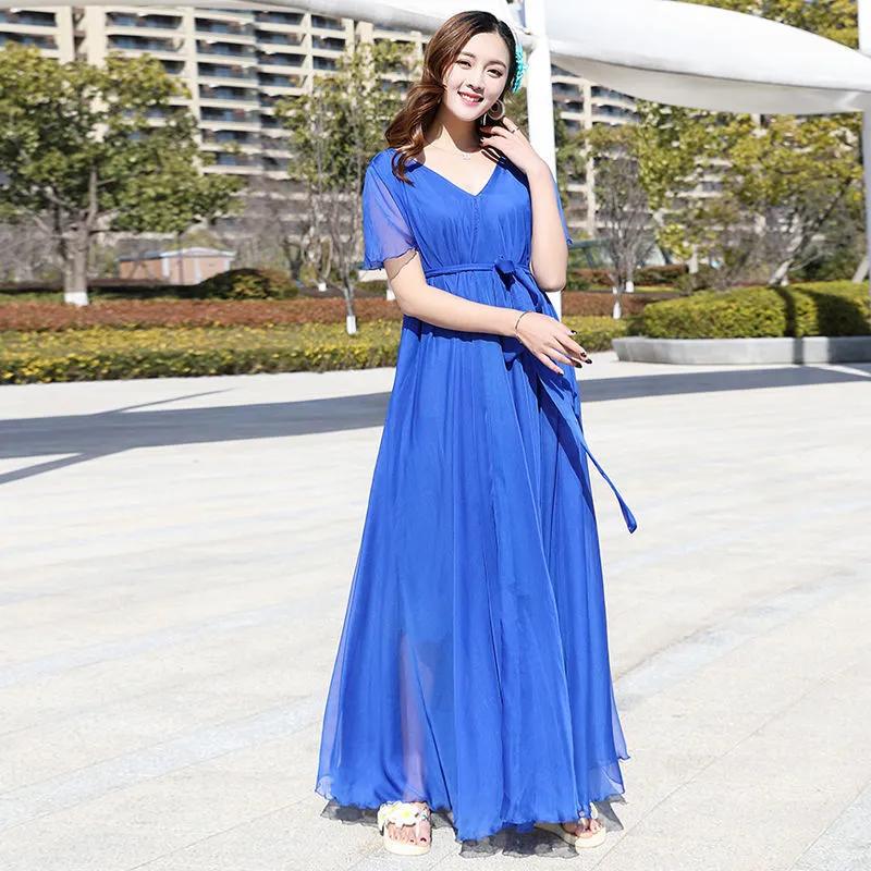 Tide Summer Elegant Solid O-neck Short Sleeve Folds Vestido Women Casual Lace-up Pleated Chiffon Dress