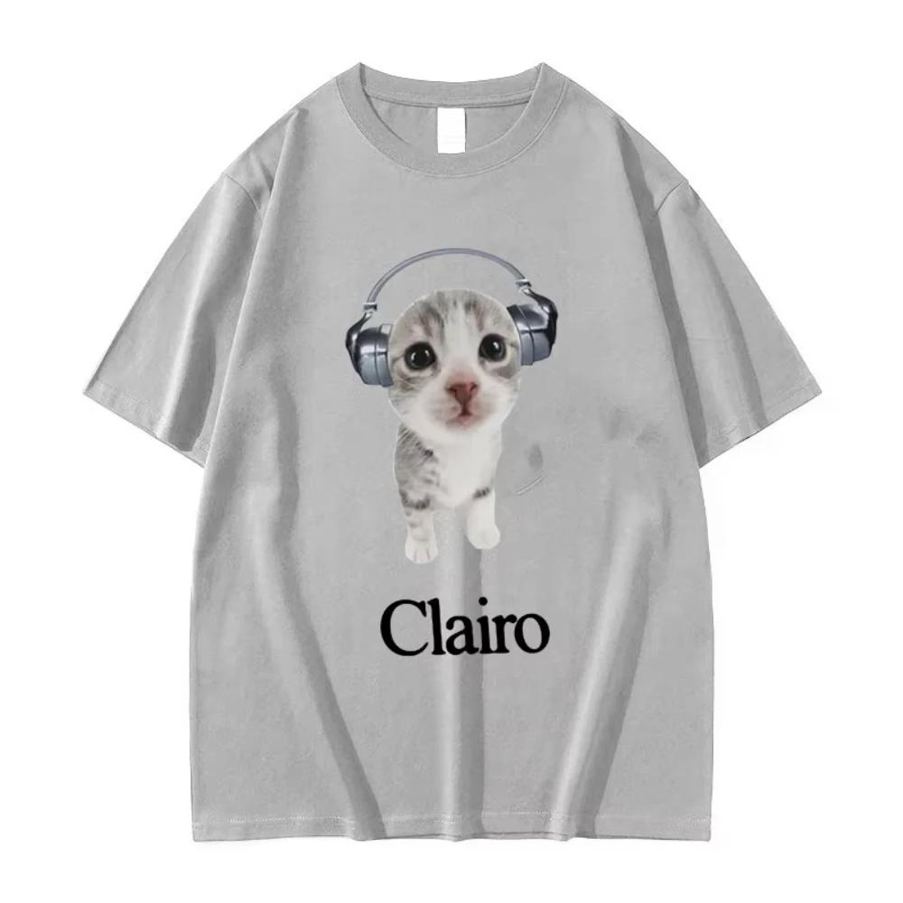 Clairo Cute Cat Listening To Music Funny Meme T Shirts Men Women Casual Fashion Short Sleeve T-shirts Male Cotton Oversized Tees