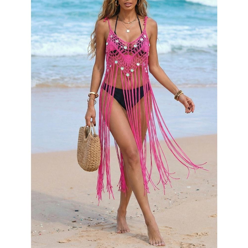 Beach Dress with Sequin Patchwork and Hand-knitted Straps. Long Flowing Fringes. Beach-style Cover-up Top for Women.