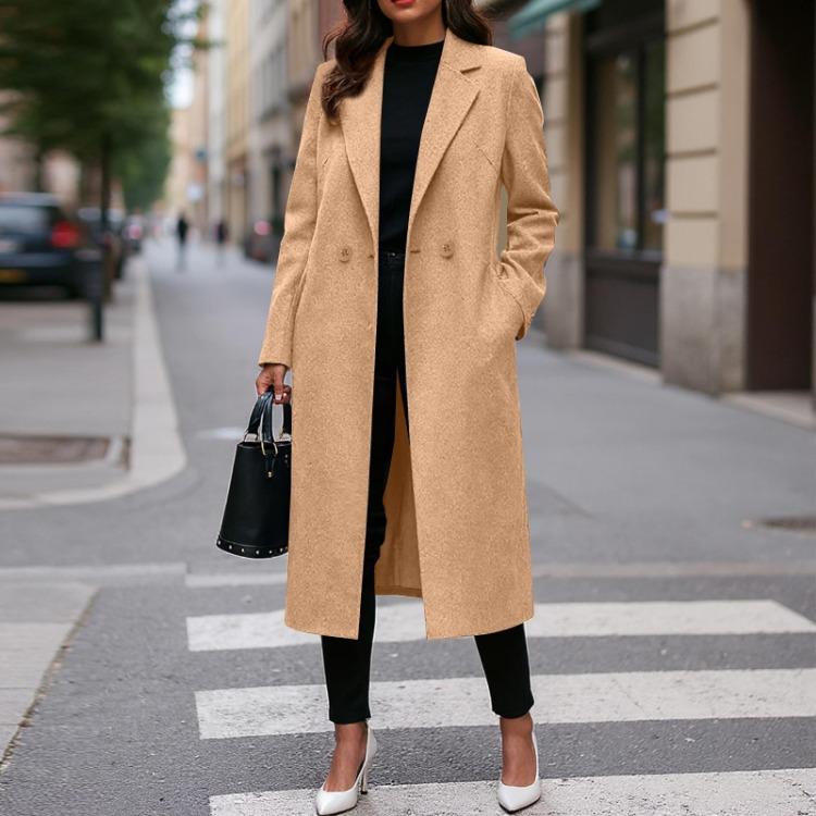 Women Fashionable Color Lapel Long Sleeved Woolen Coat
