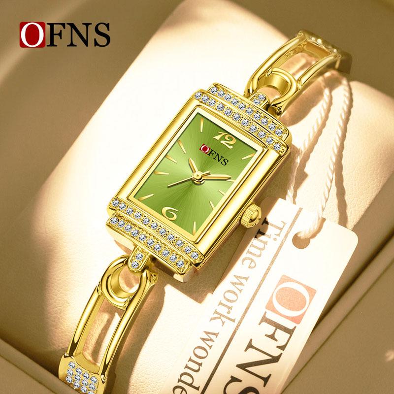 OFNS Women's Luxury Square Leather Strap Watch - Waterproof Quartz with Diamond Detailing