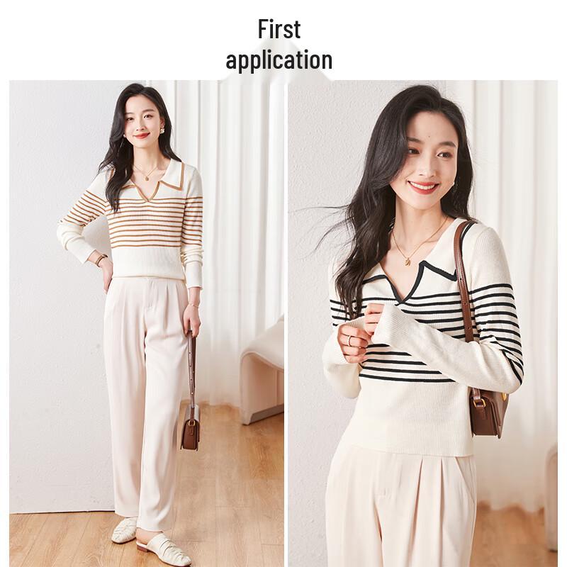 Women's French Stripe Wool Blend V-Neck Knit Sweater