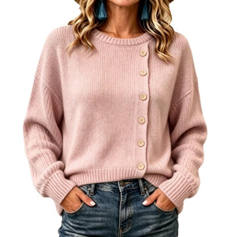 Women S Long Sleeve Knit Sweater Solid Color Loose Fit Button Detail Casual Wear