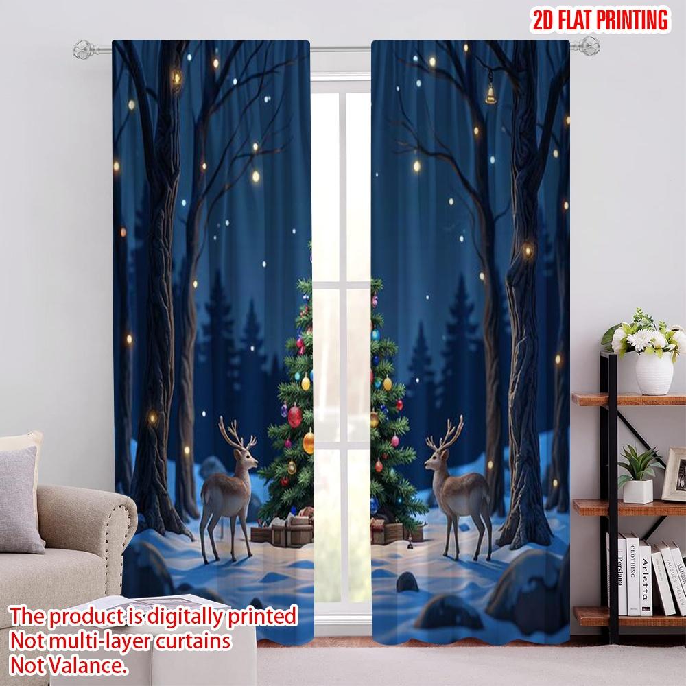 

2pcs 2D flat printing Merry Christmas Window Curtains Trees and forest animals Versatile Fabric Without Electricity Holiday 100*130 Grommet Top 1pcs