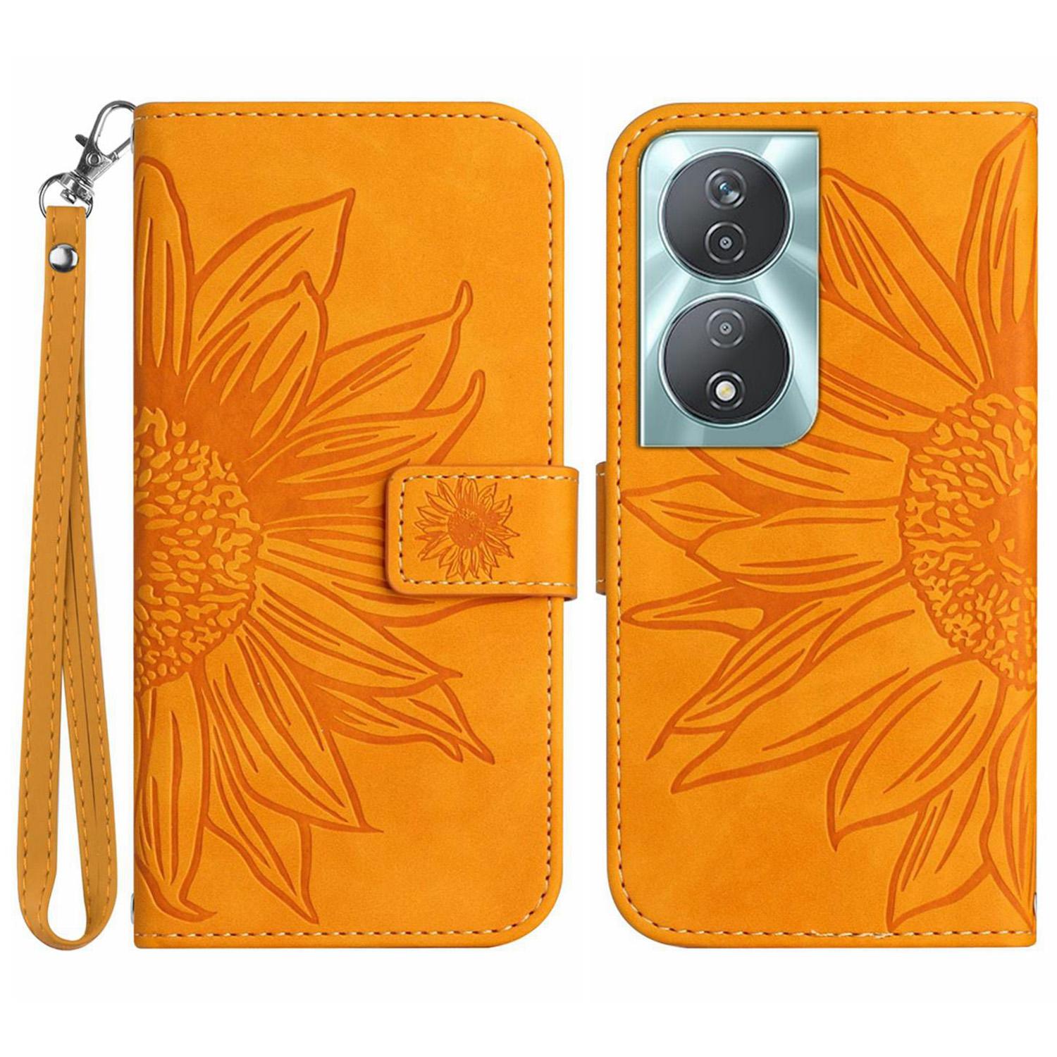 

HT04 For Honor 90 Smart/X7b 4G Leather Wallet Case Sunflower Phone Cover with Wrist Strap Yellow
