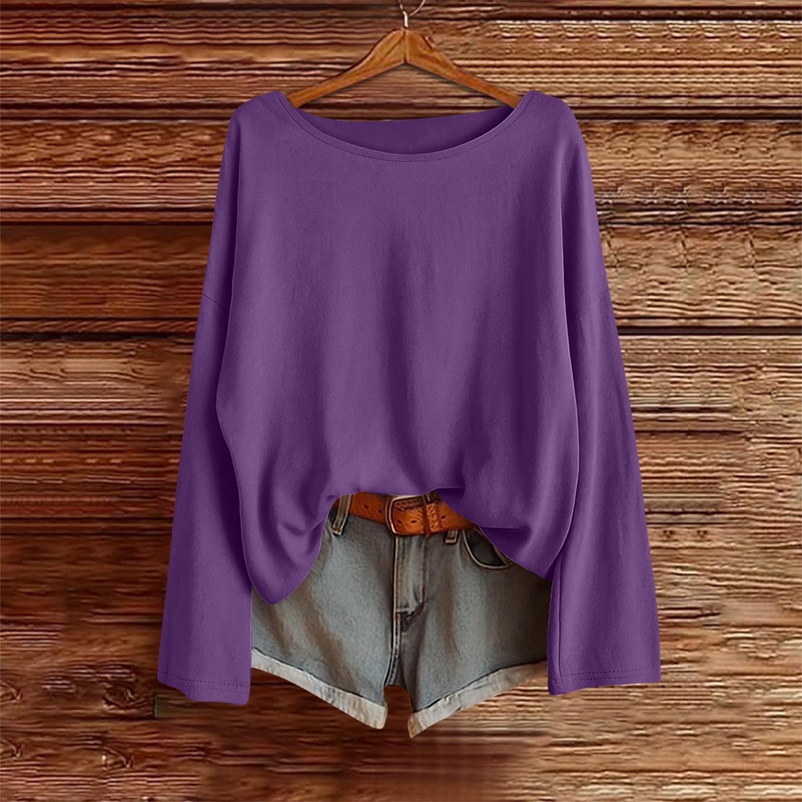 

Long Sleeve Shirts For Women Solid Color Tees Blouses Casual Plus Size Basic Tops Pullover XL фиолетовый