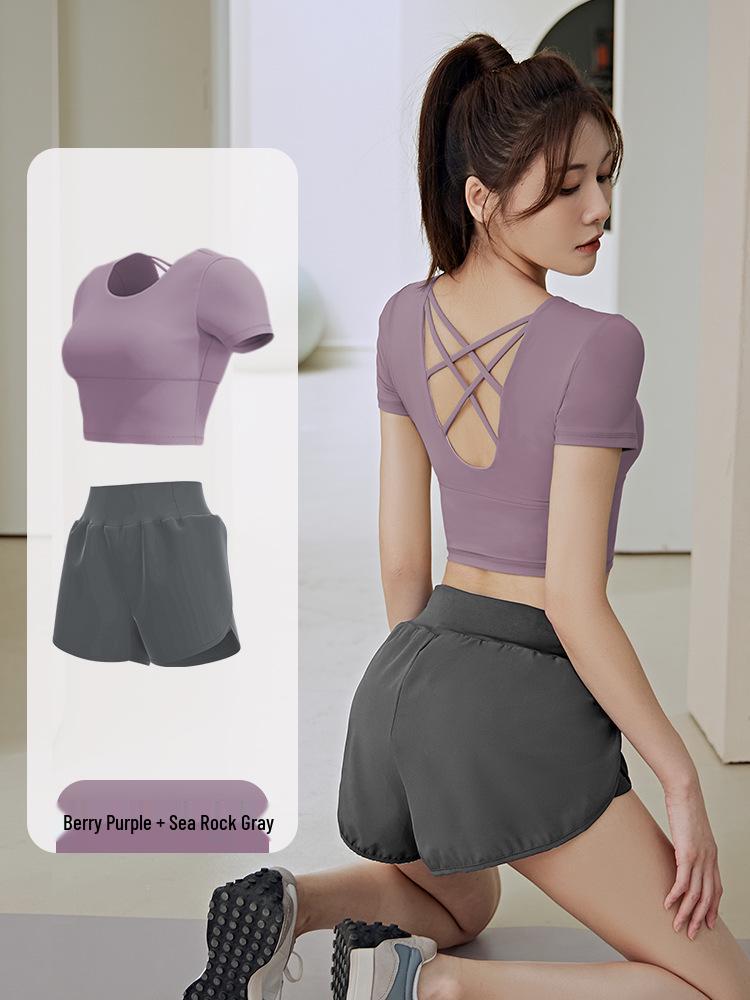 

Women s Quick-Dry Yoga Set: Padded Short Sleeve Top & Tight Shorts for Summer Fitness XXL фіолетовий/сірий колір
