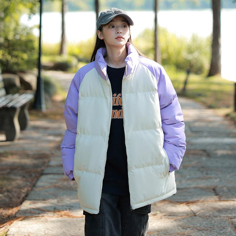 

Пуховик зимний для пары, утолщенный, теплый, одежда-мешок, мужская повседневная хлопковая одежда, свободная, с цветовой блокировкой, со стойкой, хлопковая куртка 3XL светло-фиолетовый