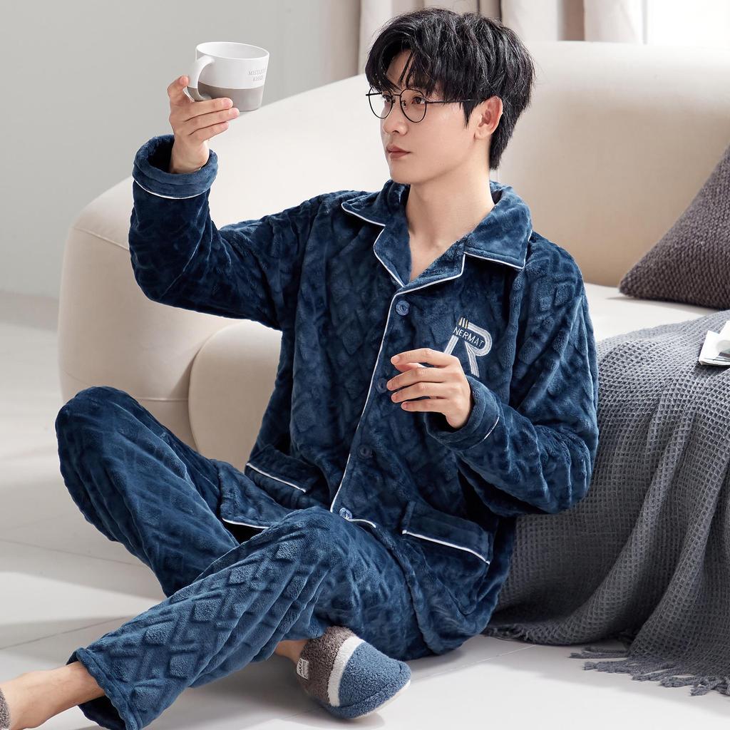 Men's Autumn/Winter Flannel Lapel Pajamas - New Arrival, Plus Velvet, Thickened Coral Fleece Homewear