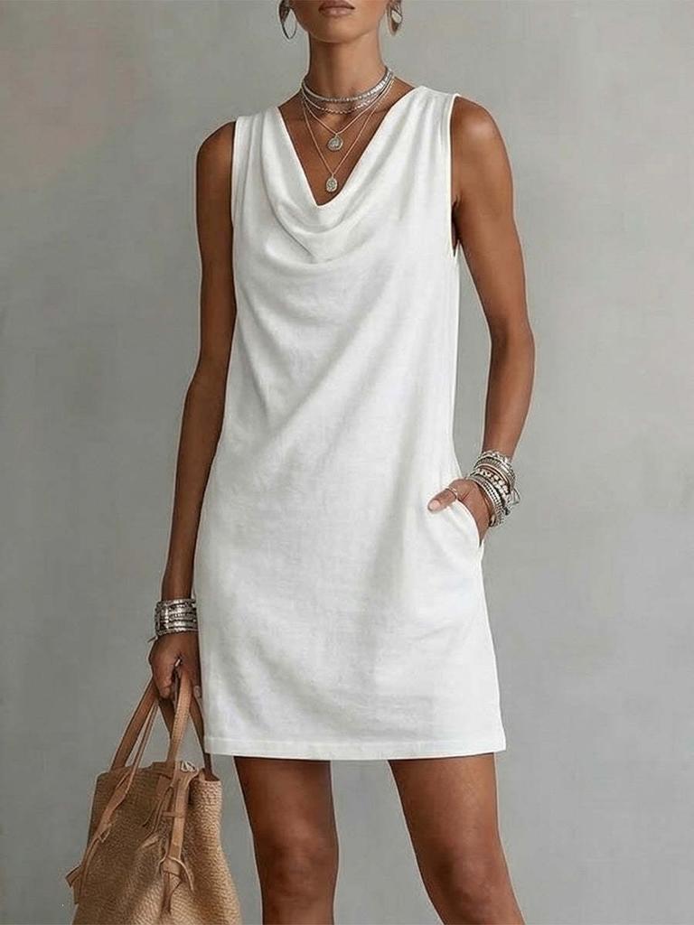 Women Solid Color Cowl Neck Sleeveless Loose Irregular Midi Casual Dress