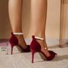 Women's Elegant Wine Red High Heel Pumps Bowtie Decor Pointed Toe Dress Shoes Plus Size Pearl Ankle Buckle Thin Heels Pumps