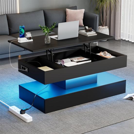 Rectangle LED Coffee Table Modern with Light And Hidden Storage Space Side Hydraulic Lift 100x50x42cm 50kg Load Capacity Living Room Center