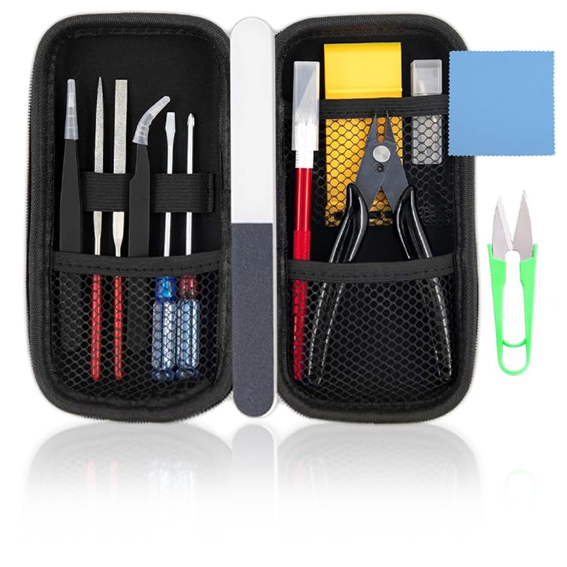 Tool Set for Plastic Includes Thin Craft Storage Diamond and Precision Tweezers 14-Piece Beginner's Models, Nippers, Blades, Case, Modeler's Knife,