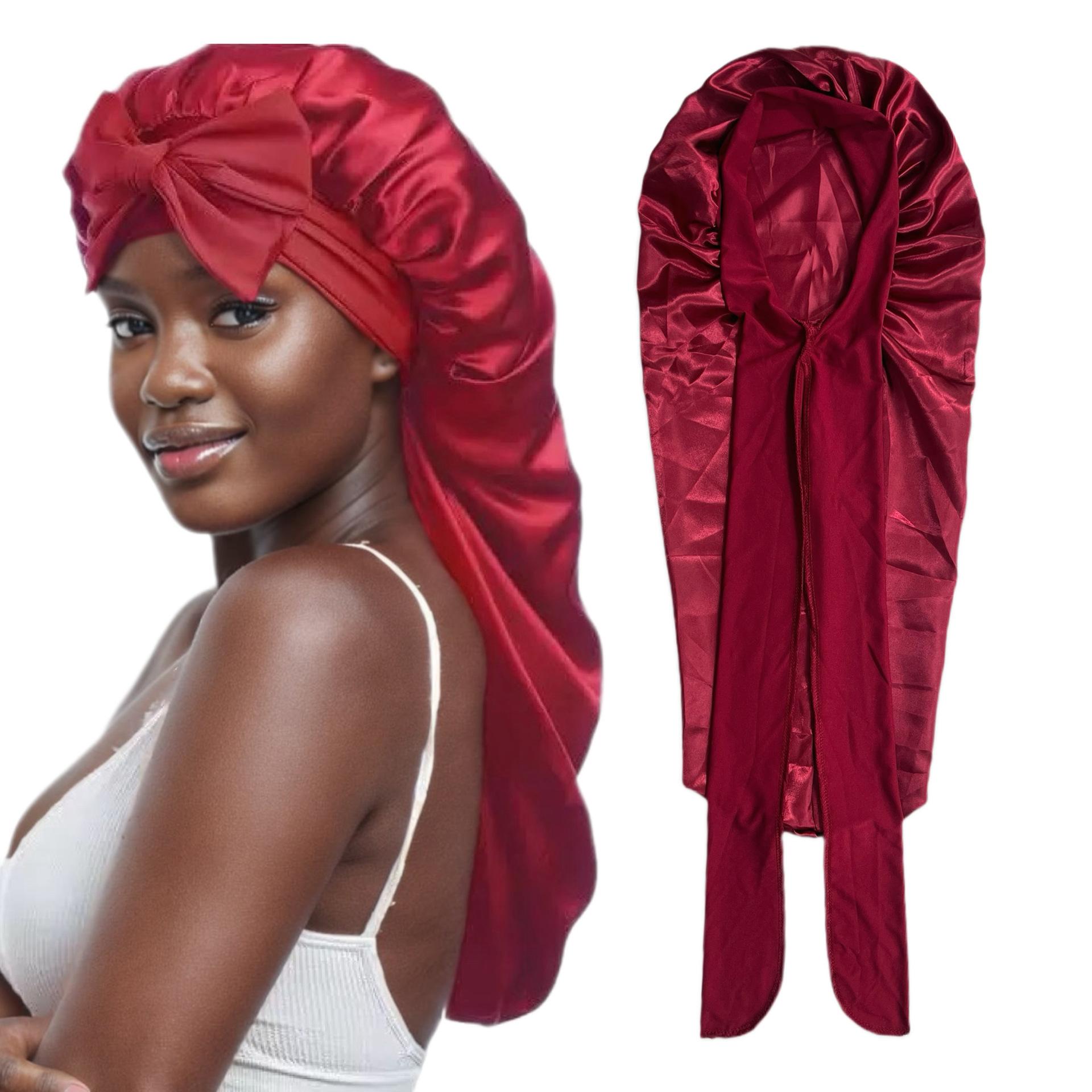 

Long nightcap, bow streamer, headscarf cap, hair care cap, large size adjustable long tail shower cap бордовий