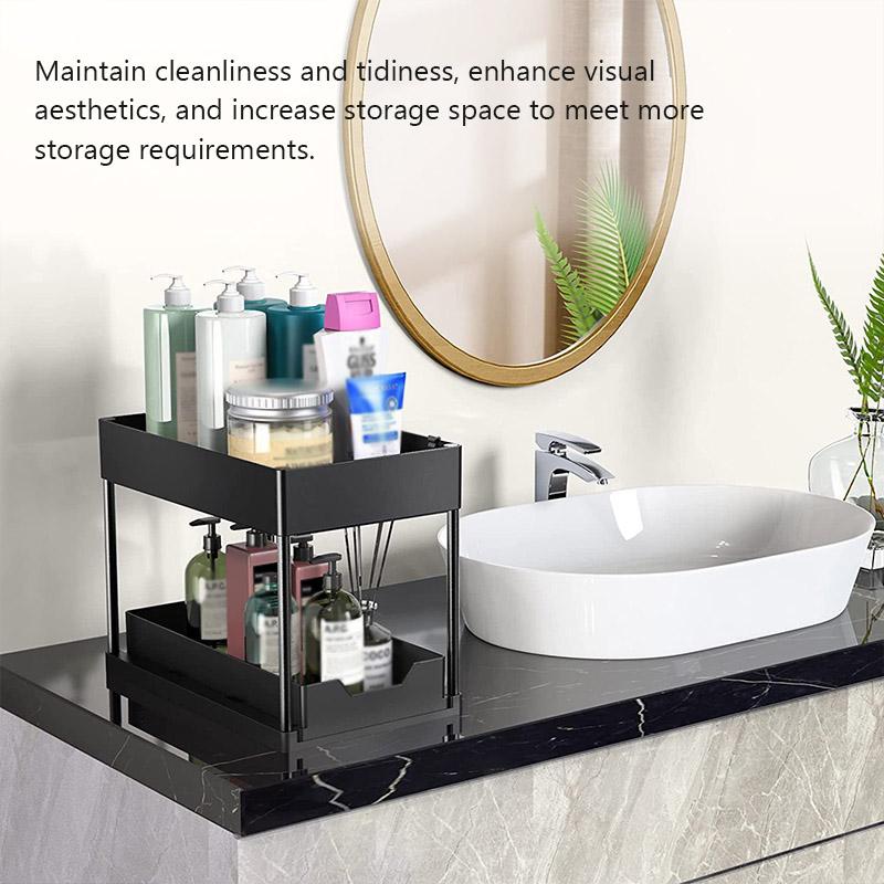 Kitchen Shelf Pull Out Organiser Sliding Cabinet Basket Organizer with Hooks 2 Tier Multi-Functional Bathroom Storage Shelf