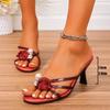 Fashion Flower Decor High Heels Sandals for Women Large Pearl Shiny Crystal Party Slippers Plus Size Pu Leather Thin Heeled Flip Flops