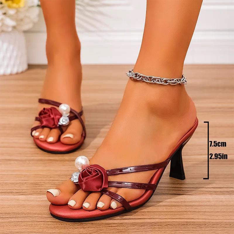 Fashion Flower Decor High Heels Sandals for Women Large Pearl Shiny Crystal Party Slippers Plus Size Pu Leather Thin Heeled Flip Flops