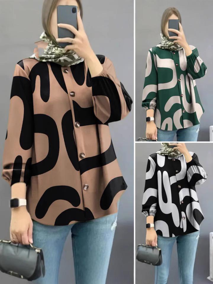 

Женский мусульманский топ с цветочным принтом в богемном стиле и рукавами-буфами на каждый день, 2024 XXL кофейный