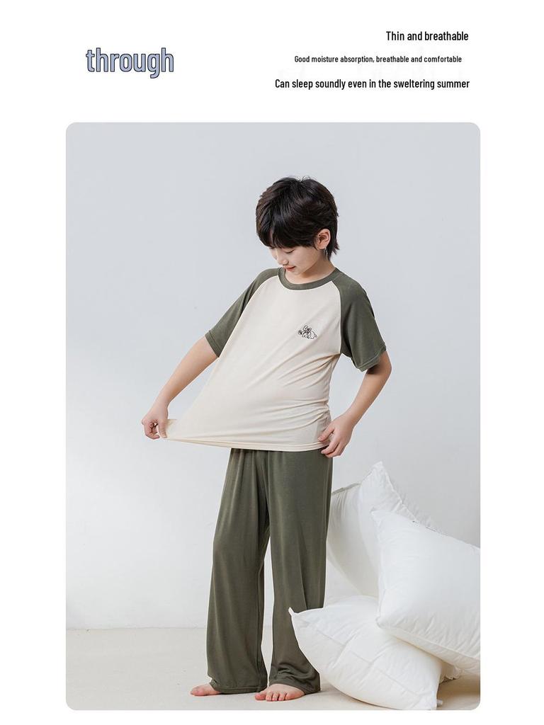 Modal Barnpyjamas: AC-dräkt för pojkar och flickor, kortärmad, set med långbyxor för tonåringar, sommarhemkläder