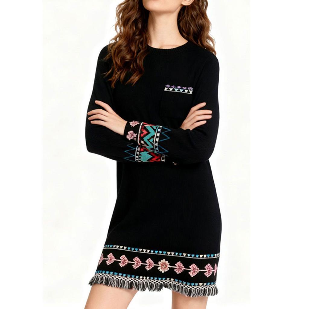 Damen Schwarzes Strickkleid Lässiges Kleid im Vintage-Stil Pullover Herbstmode Warme Kleidung