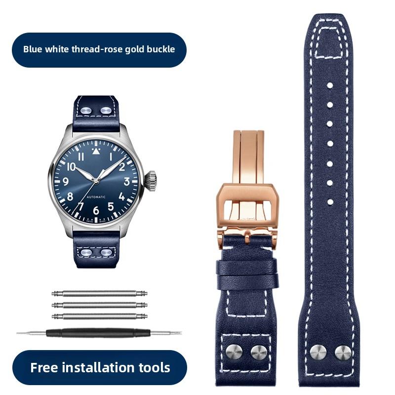21 22mm Armband Retro Echtes Leder Nieten Armband Für IWC Big Pilot Spitfire Mark18 Vintage Braun Schwarz Blau Rindsleder Uhrenarmband