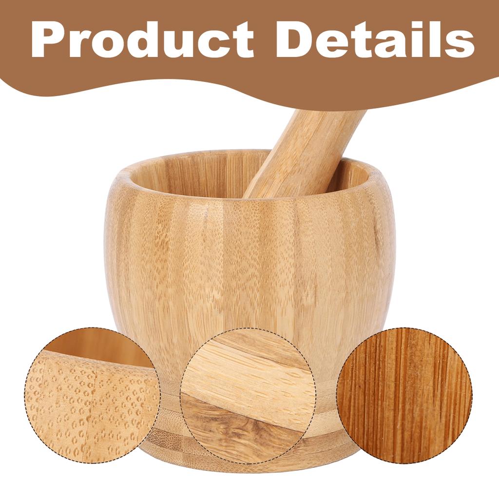 Leeseph Bamboo Mortar and Pestle Set, Garlic Grinder, Herb Spice Masher, Seasoning Crusher, Kitchen Tool for Mash Spices Pepper