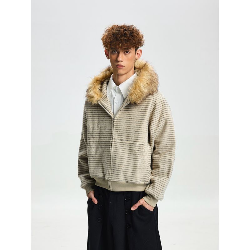 Cabbage Coke American Retro Knit Sweater with Fur Collar Jacket for Men and Women, High-End Casual Niche Striped Sweatshirt for Couples