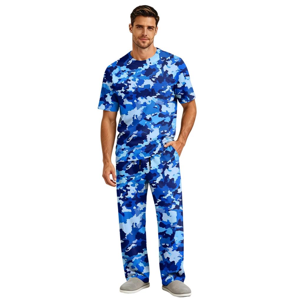 Herren Kurzarm-Schlafanzug-Set mit langer Hose, Schrittknopf und elastischem Kordelzugbund für zu Hause
