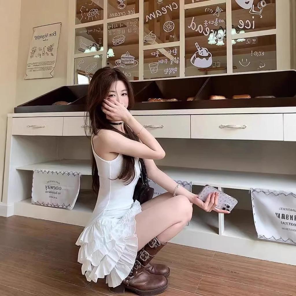 Pure Desire Spice Girl White Suspender Vest Dress Children Slim Fit Design Sleeveless Knitted Bud Skirt Summer