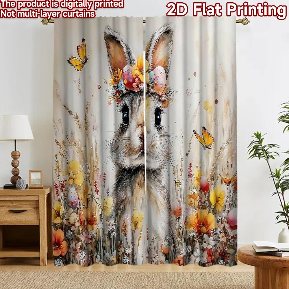 2D flat printing 2pcs Curtain Window Curtains Easter Bunny with Flowers Digital Printed Polyester Drapes Family Party Decoration