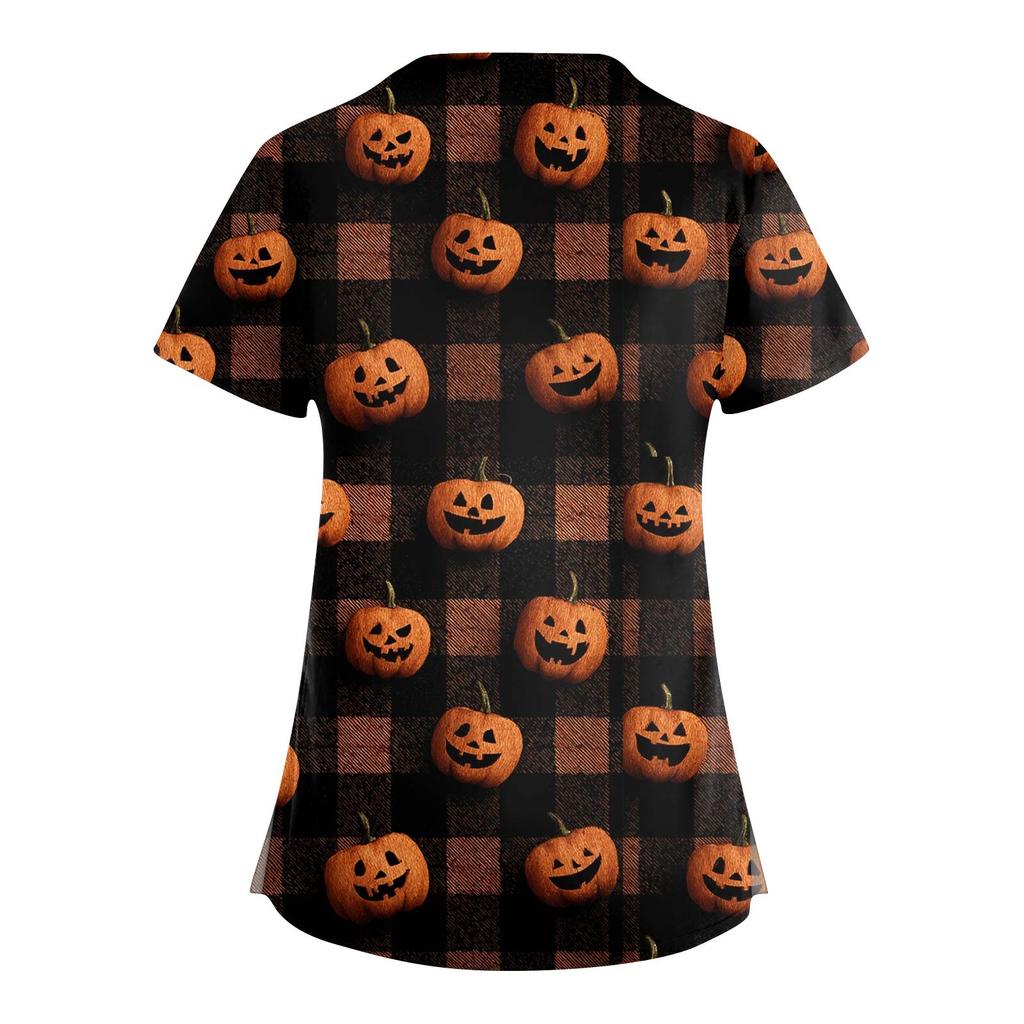Damenmode Cross V-Ausschnitt Kurzarm Overalls Doppeltaschen Halloween Bedruckte Oberteile Uniformen