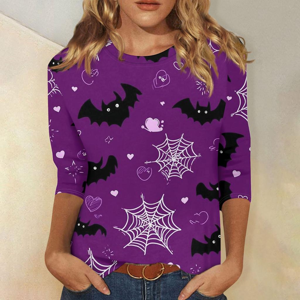 Women's Fashion Casual Three-quarter Sleeve Halloween Printed Round Neck Top
