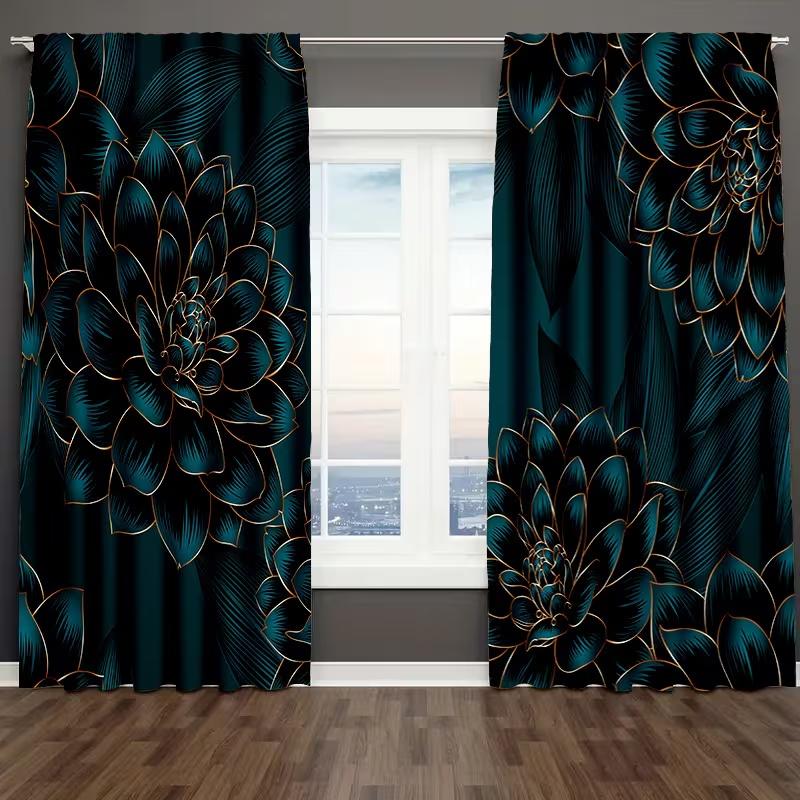 2 st Blå gardiner med stort blomtryck, lämpliga för sovrum, vardagsrum, köksdekoration, heminredning, fönsterdekoration