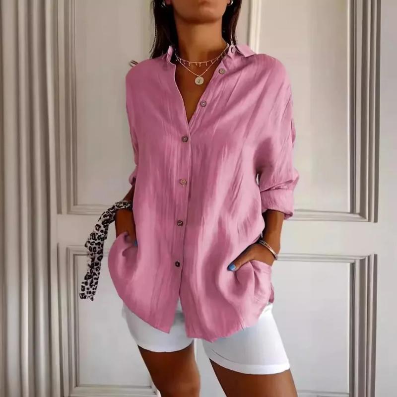 Camisa Casual de Verão com Decote em V e Botões Moda Feminina Solta Sólida com Lapela Camisa de Escritório Feminina Top Retrô