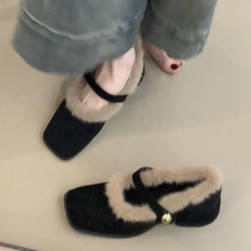 Vintage Platform Thick Sole Women Fur Lining Mary Jane Shoes Fashion Slip On Shoes Ladies Dress Thick Heel Warm Cotton Shoes